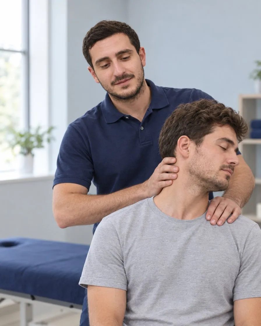 Ioannis assessing a patient's neck